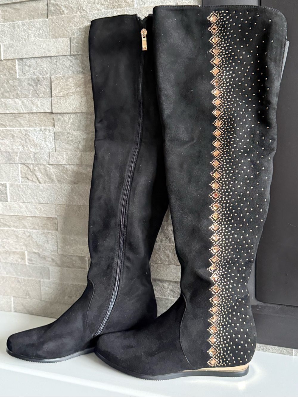 Lady Couture - Over-the-Knee Boots in Black with Gold embellishments- Women’s US